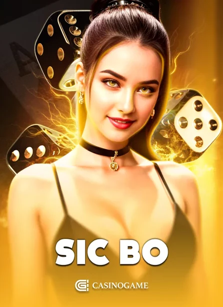 ปกเกมซิกโบหญิงสาวสวมสร้อยคอเลือกสีดำถือลูกเต๋า พื้นทองเหลือง
