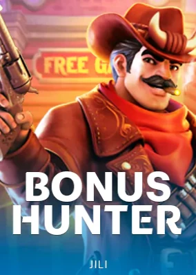 ปกเกม Bonus Hunter คาวบอยหนวดสวมหมวกสีน้ำตาลบนพื้นฟ้า