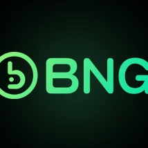 โลโก้ BNG ไอคอนวงกลมสีเขียวสะท้อนแสงตามด้วยตัวอักษรบนพื้นดำ