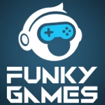 โลโก้ Funky Games รูปนักบินอวกาศถือจอยสติ๊กเหนือชื่อ FUNKY GAMES