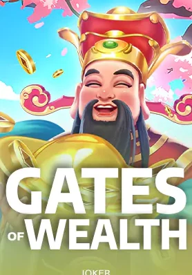 ปกเกม Gates of Wealth เทพโชคลาภยิ้มอุ้มถุงเงินสีเขียว