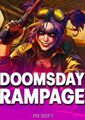 ปกเกม Doomsday Rampage หญิงสาวผมม่วงถืออาวุธบนพื้นชมพูม่วง
