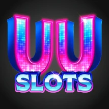 โลโก้ UU Slots ตัว UU ไล่สีชมพูฟ้านีออนเหนือคำว่า SLOTS