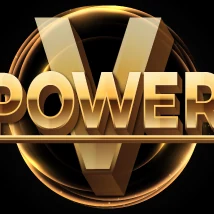 โลโก้ V Power ตัว V สีทองเหนือคำว่า POWER ในกรอบโลหะทอง