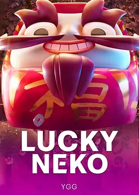 ปกเกม Lucky Neko รูปแมวนำโชคสีแดงชมพูบนพื้นม่วง